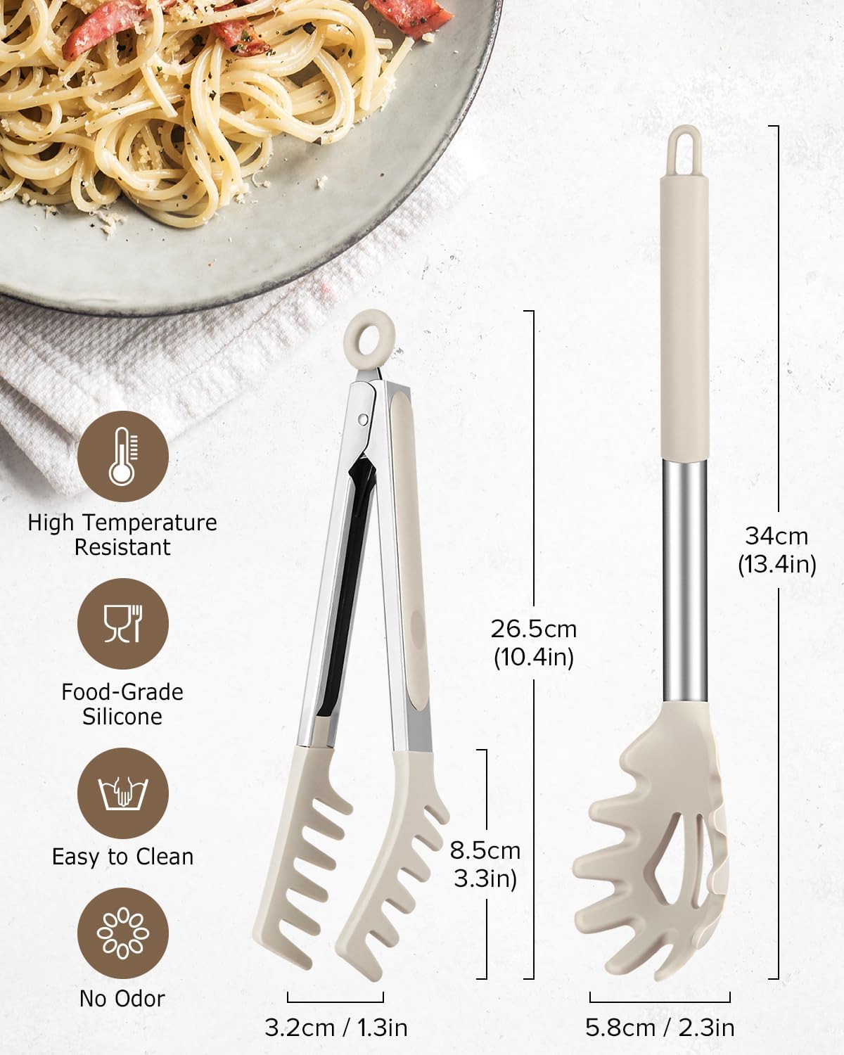 Spaghetti Spoon and Pasta Tong, Non-stick Silicone Spoon Server Fork with teeth and Stainless Steel Handle Spaghetti Tong, Food Clip for Spaghetti Noodle (KHAKI)