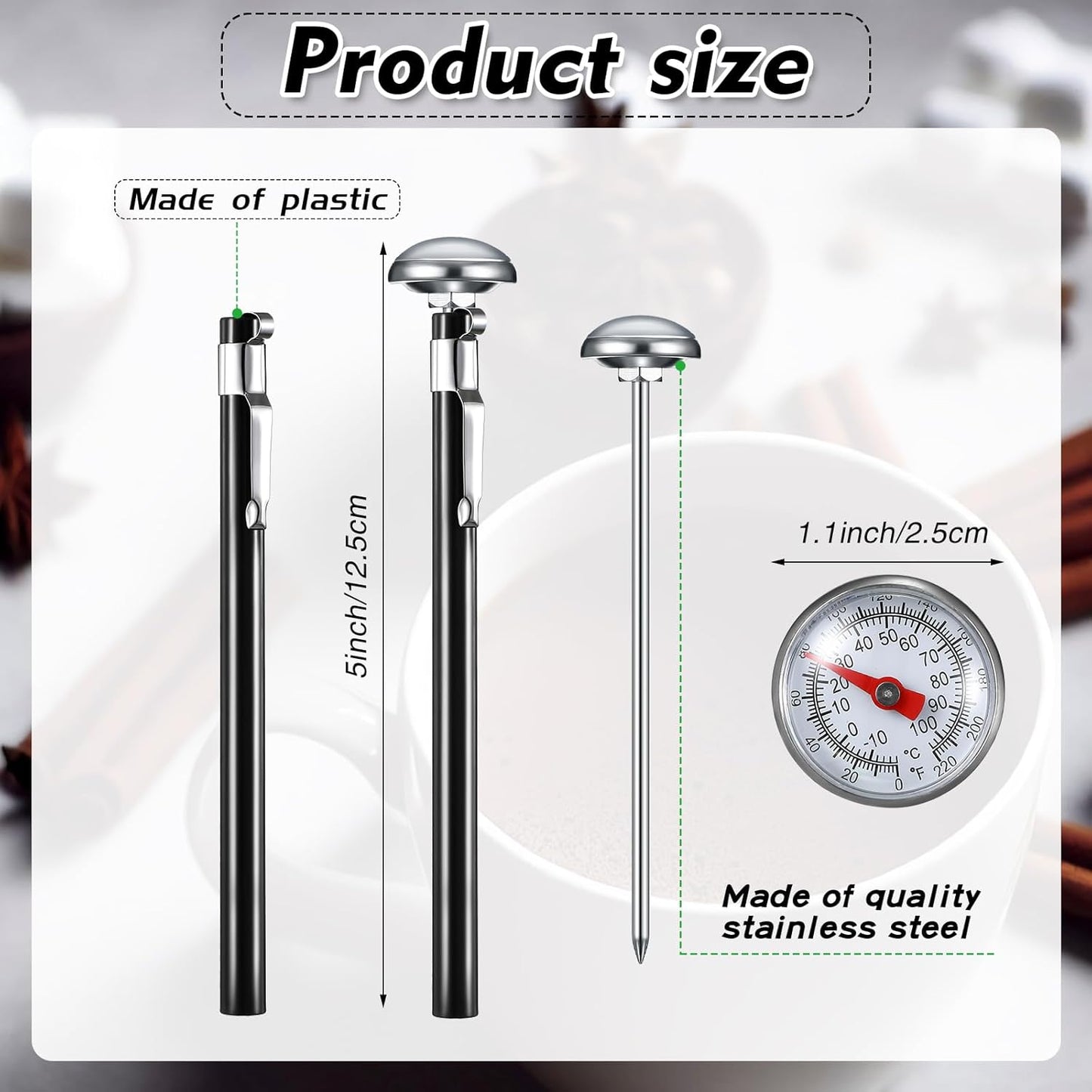 Xuhal 6 Pcs Stainless Steel Kitchen Thermometer with 5 Inch Long Stem 1 Inch Dial Thermometer Milk Frothing Food for Oven Probe Meat Grill BBQ Cooking Chocolate Water(Black)