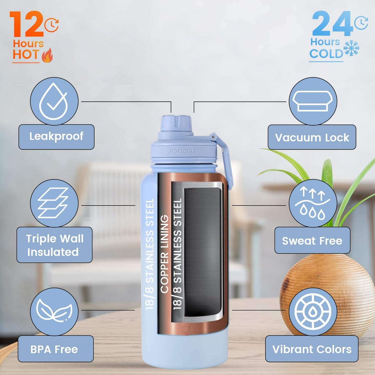 Lexlion 32 Oz Triple Walled Insulated Stainless Steel Fruit Infuser Bottle - Tea Infuser Water Bottle with 3 Lids, Silicone Sleeve, Leakproof, Metal Mug Gallon
