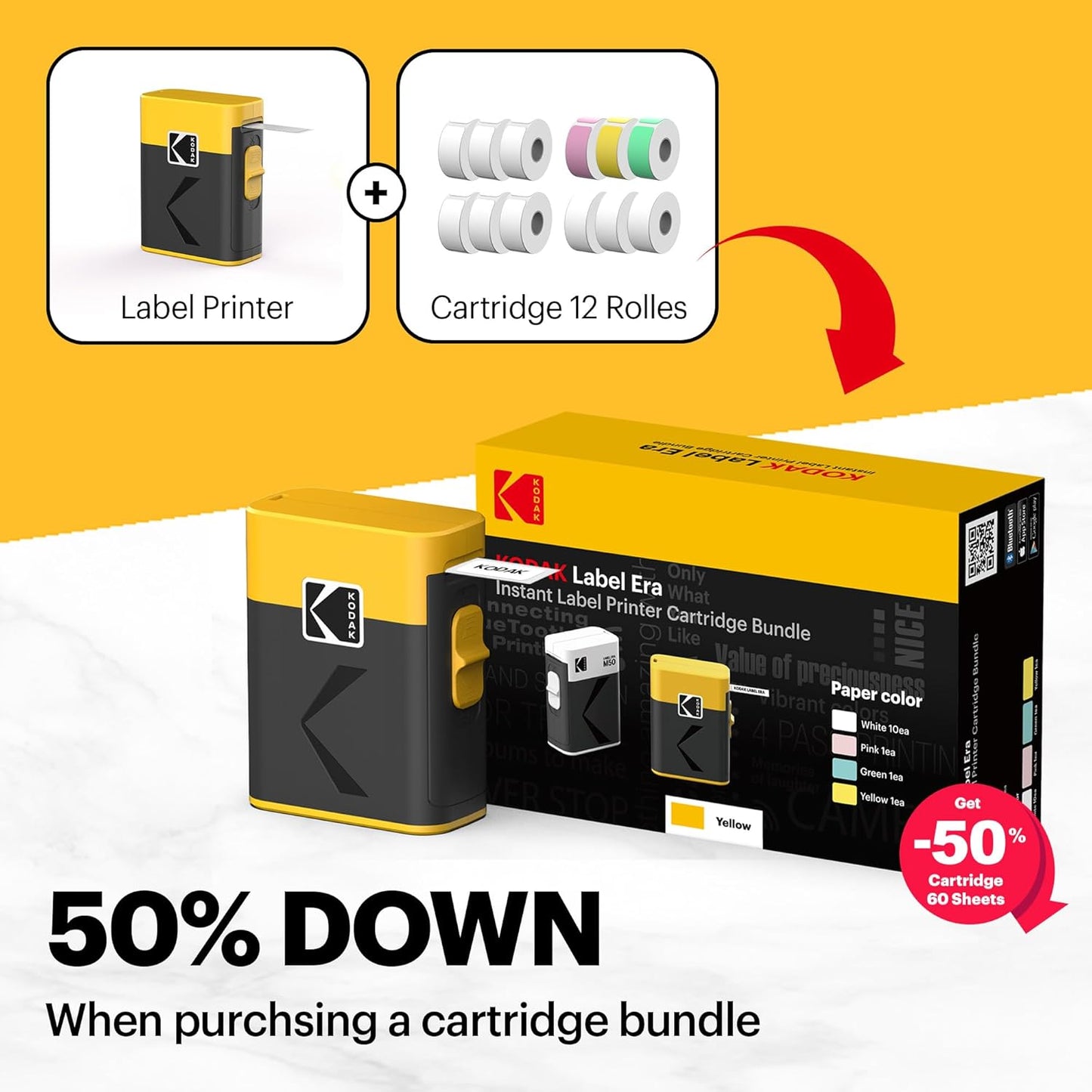 KODAK Label ERA Label Maker Machine Bundle, Yellow (1 Roll Sticker Label & 12 Rolls Set)