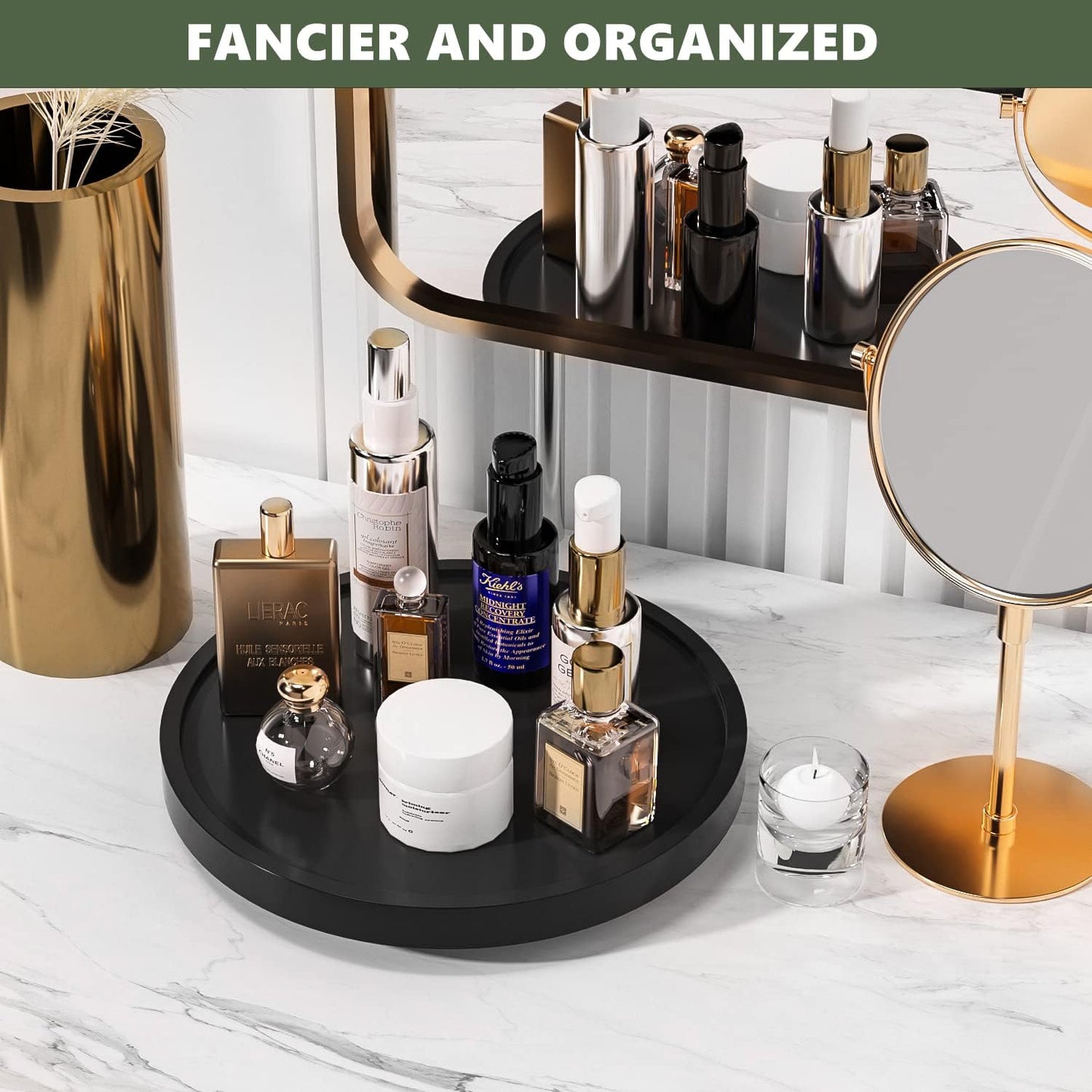 Turntable Vanity Tray 10 Inch for Perfume Candle, Bamboo Kitchen Sink Countertop Organizer Keep Glass, Sponge and Soap Bathroom Coffee Table Decorative Black (VFLZ)