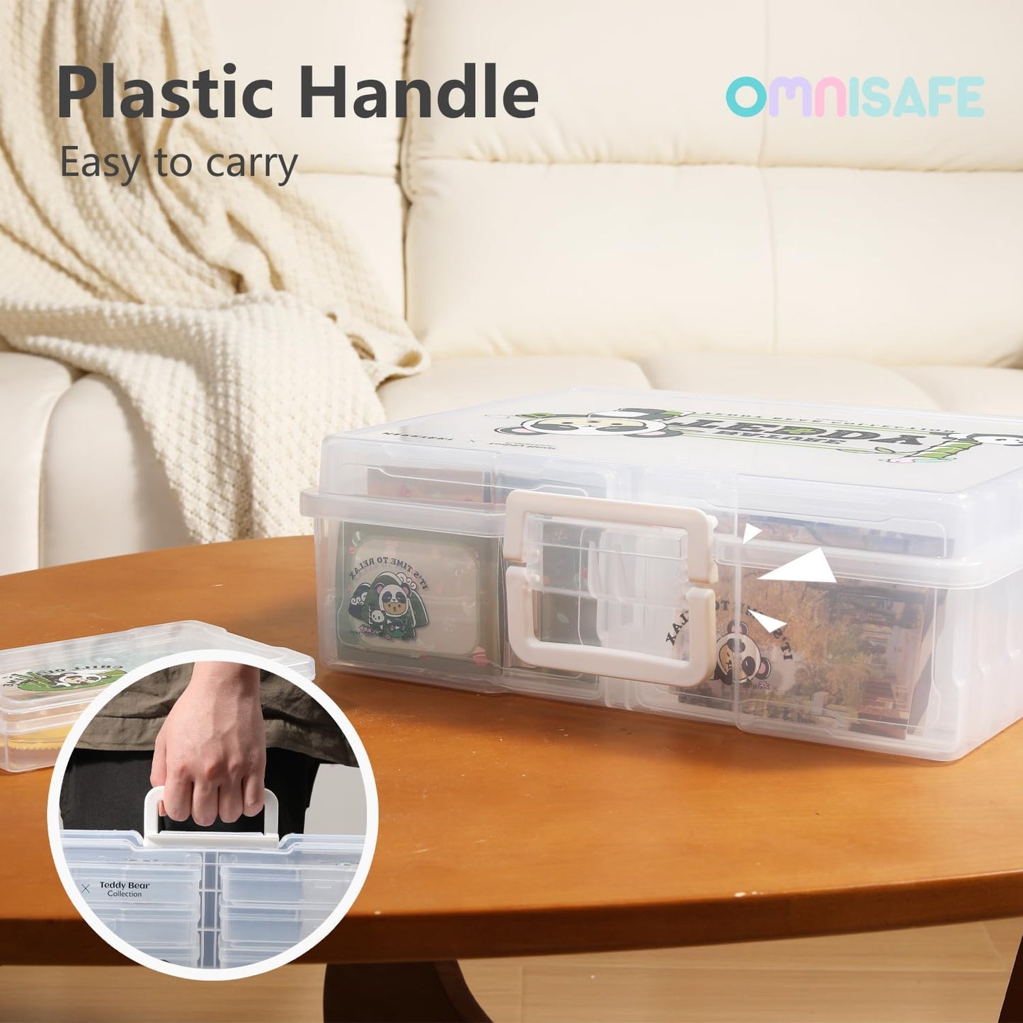 OMNISAFE 4x6 Photo Organizer Cases, Teddy Bear 16 Pack Plastic Craft Storage Container, Box for Pictures, Crafts, Scrapbooking, Transparent Photo Keeper with Handle (Panda Brown)