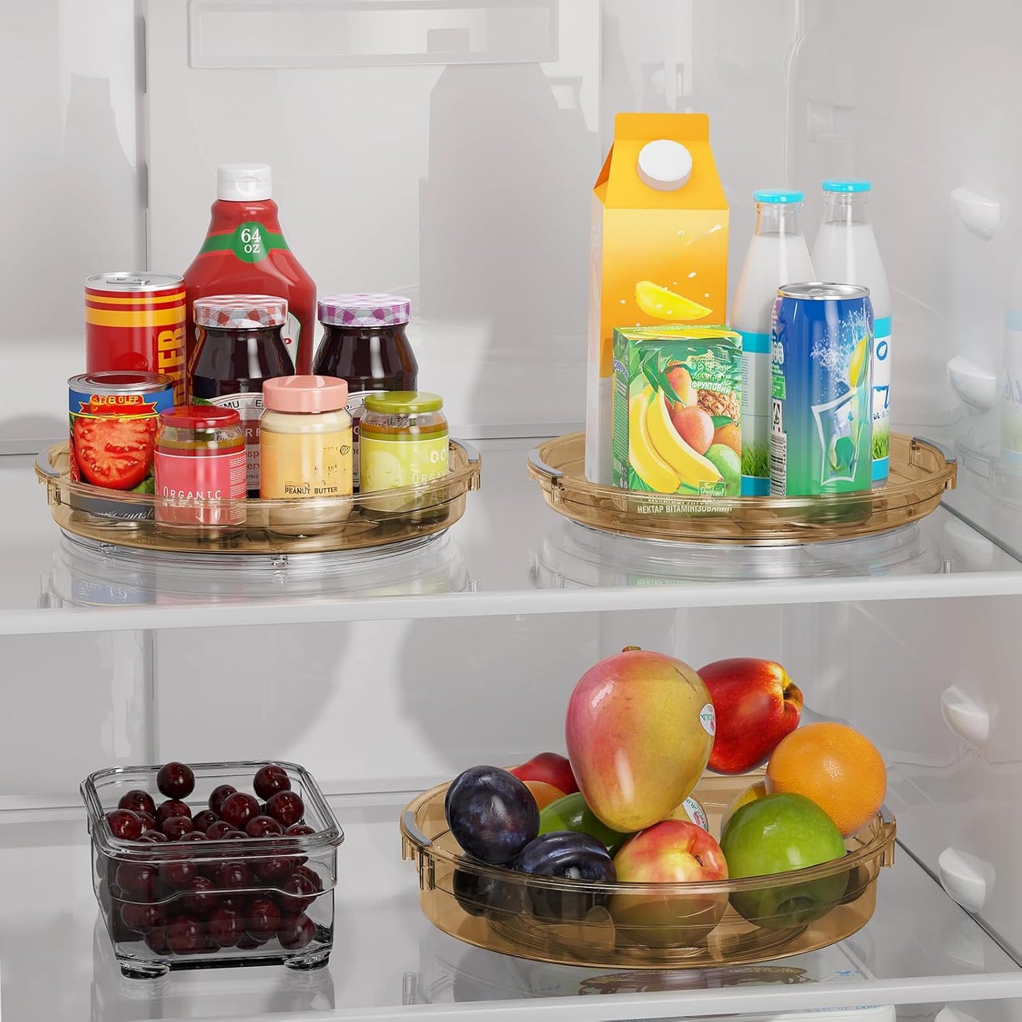 LAMU 3 Pack Lazy Susan Organizer Turntable for Cabinet, Condiment Organizer for Kitchen Pantry Organizers and Storage, Table Top, Fridge, Countertop, Spice Organization, 12'' 10.6'' 9.25'', Amber