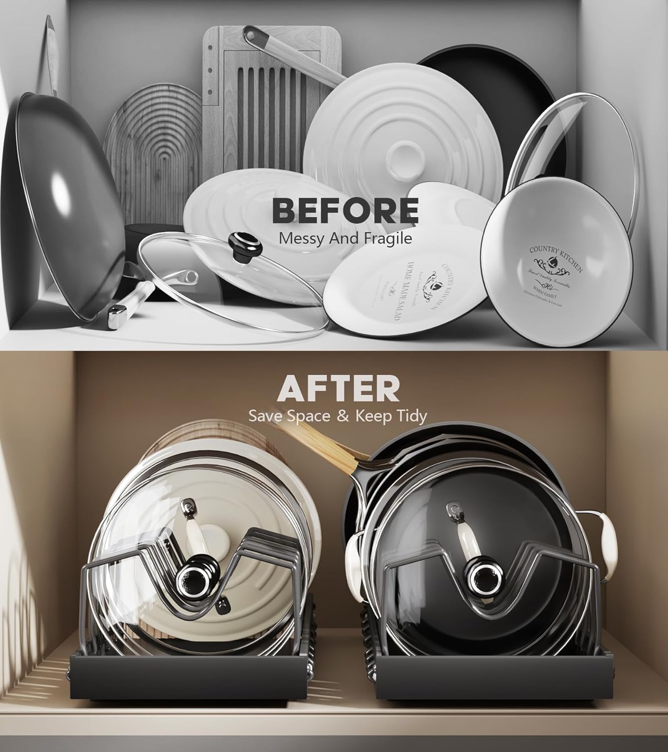 Pull Out Pots and Pans Organizer Under Cabinet, Sliding Lid Holder and Pan Rack in Kitchen, Slide Out inside Cabinet Storage for Pot Lid, Bakeware, Dishes, 8 Adjustable Dividers, 2 Pack Black