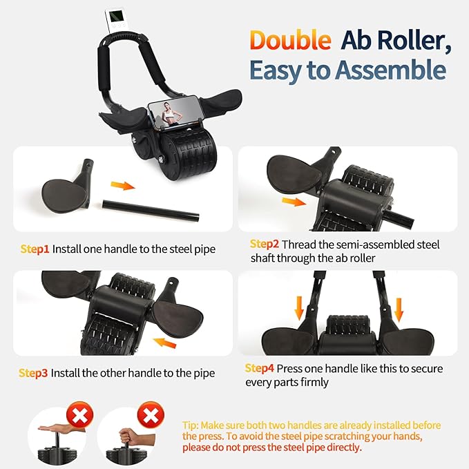 Ab Roller Wheel with Timer & Knee Mat, Home Workout Auto Rebound Abdominal Wheel with Elbow Support - Core Workout Equipment for Strengthening Abs, Home Gym Exercise for Women & Men