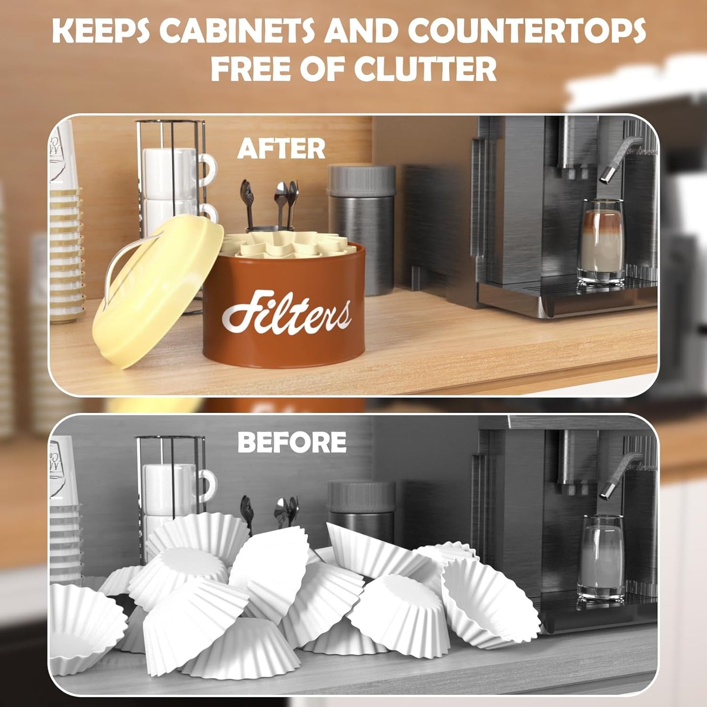 Brown Basket Coffee Filter Holder with Lid - Round Storage Container for Counter - Rustic Farmhouse Coffee Bar Accessories Decor