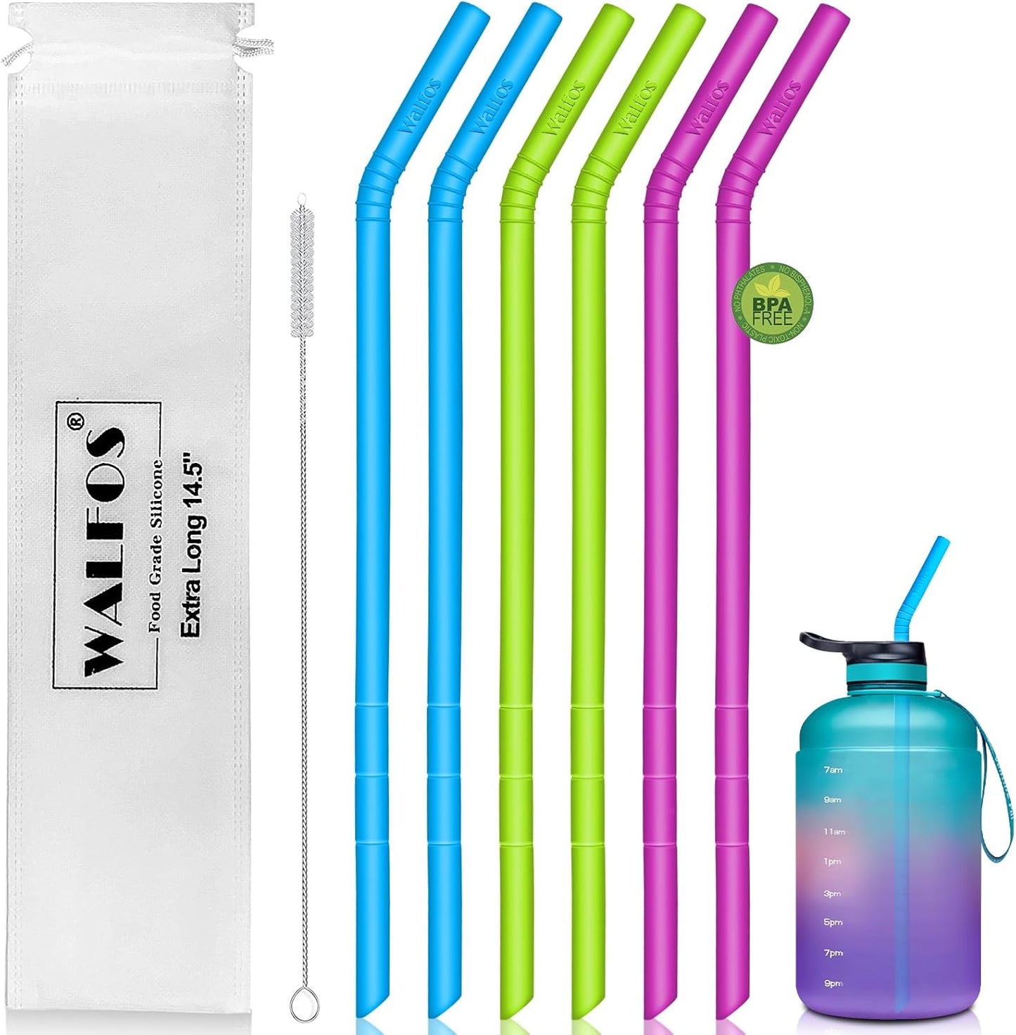 WALFOS 14.5 inch Extra Long Reusable Silicone Straws, Big Sizes Flexible Bendable Straws for 1/Half Gallon Large Water Bottles, 128 75 64 40 OZ Tumbler with Cleaning Brush (6-Pack)