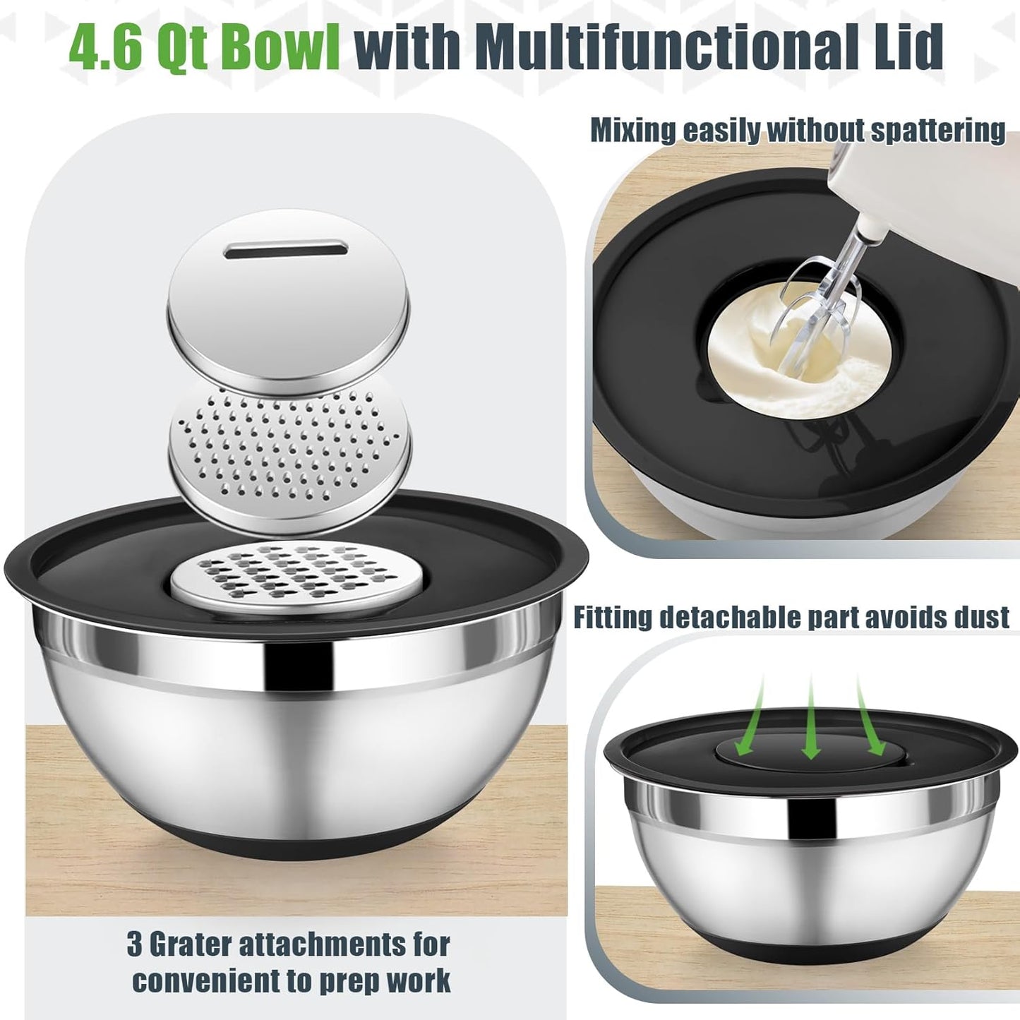 P&P CHEF Mixing Bowl with Lid Set, 5 Piece Stainless Steel Mixing Nesting Bowls for Salad Storage, 3 Grater Attachments & Non-Slip Bottoms, Size 1/1.5/2 / 2.6/4.6 QT, Black