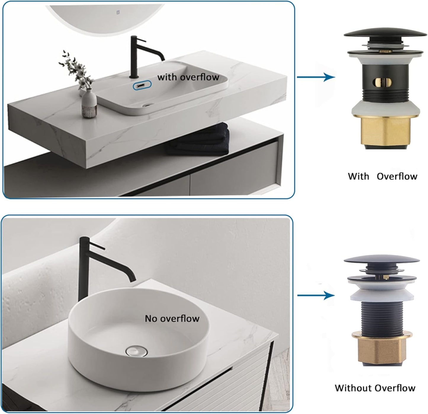 Bathroom Sink Drain,5 Pack Drain Stopper Bathroom Sink Without Overflow,Pop Up Drain Assembly with Detachable Strainer Basket,Built-in Anti-Clogging Strainer,Stainless Steel Mattle Black