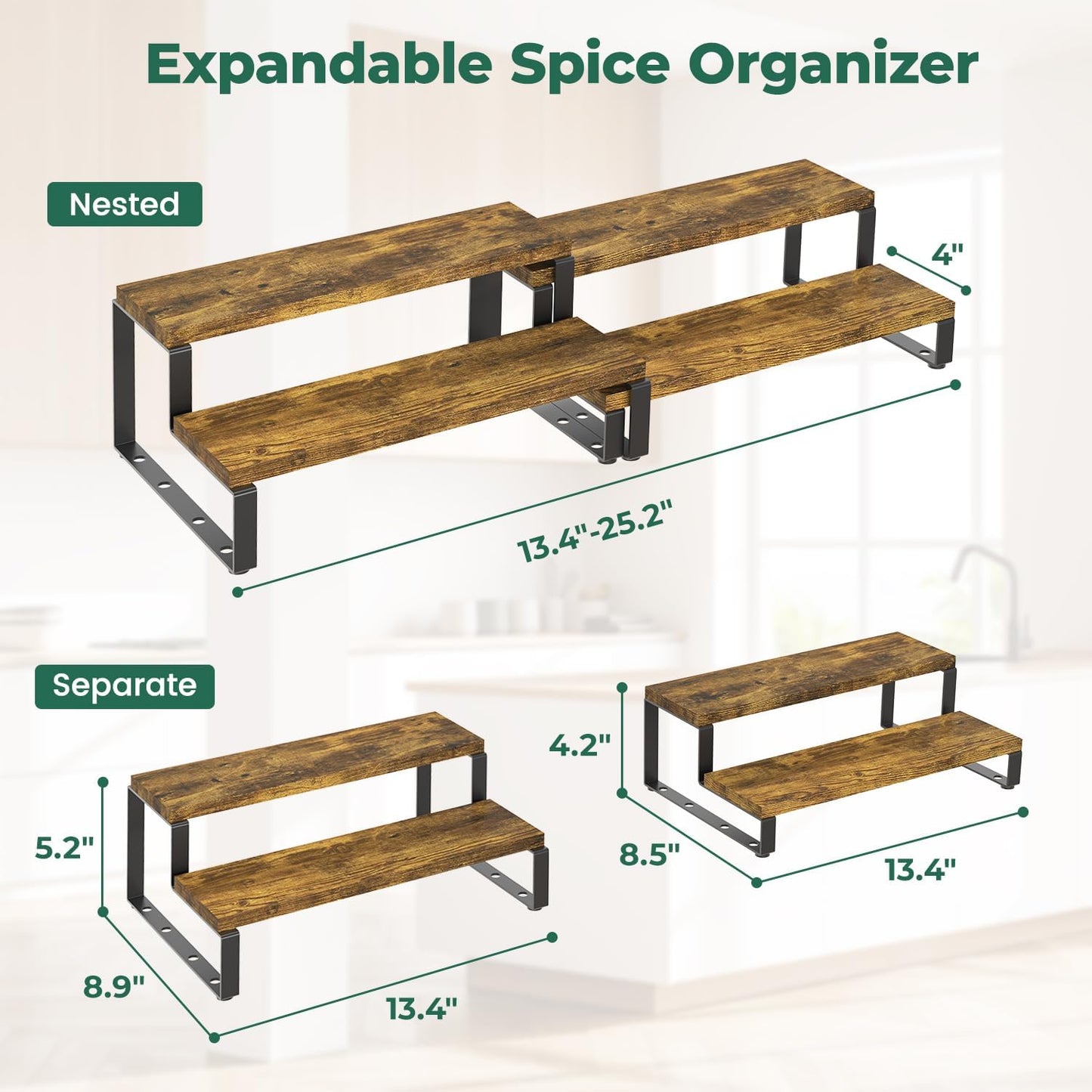 EsLuker.ly Spice Seasoning Rack Organizer Kitchen Countertop, Set of 2 Expandable Wood Spice Shelf Holder Storage, 2 Tier Freestanding Stand for Pantry, Quick Access(Jars Not Included)