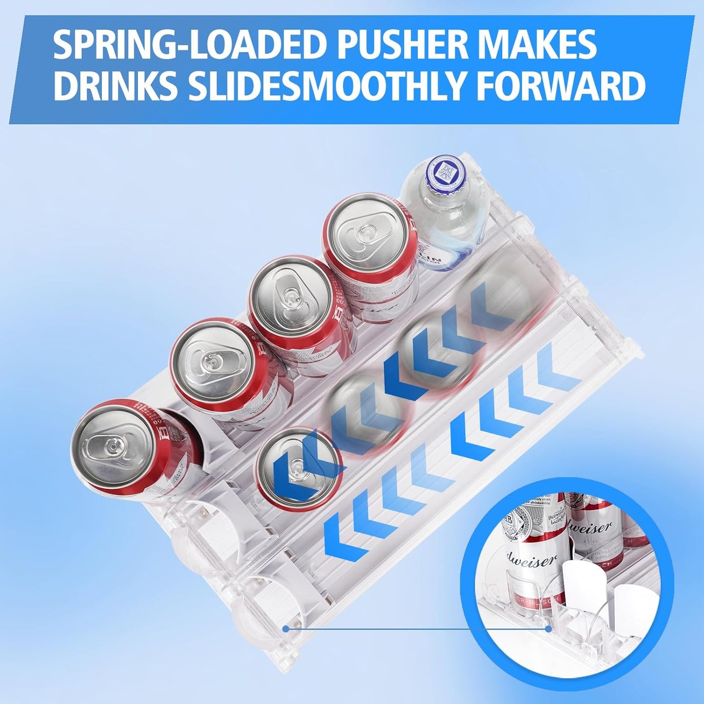 SOLY Drink Organizer for Fridge,Fridge Drink Dispenser for Fridge Automatic Pusher Glide,For Refrigerator Organizing Holds up to 14.96" D, Adjustable for 6-20oz (4 Row)