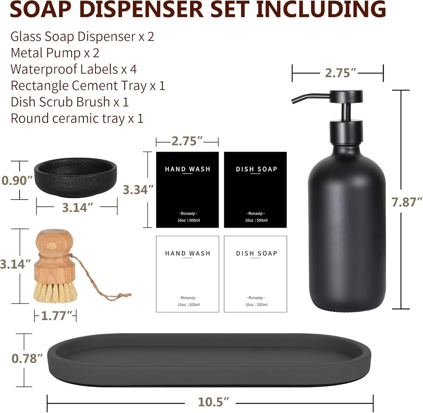 Set of 5 Kitchen Soap Dispenser Set 16 Oz Glass Hand Dish Soap Dispenser with Stainless Steel Pump, Cement Tray, Dish Scrub Brush for Farmhouse Rustic Home Bathroom Decor (Black)