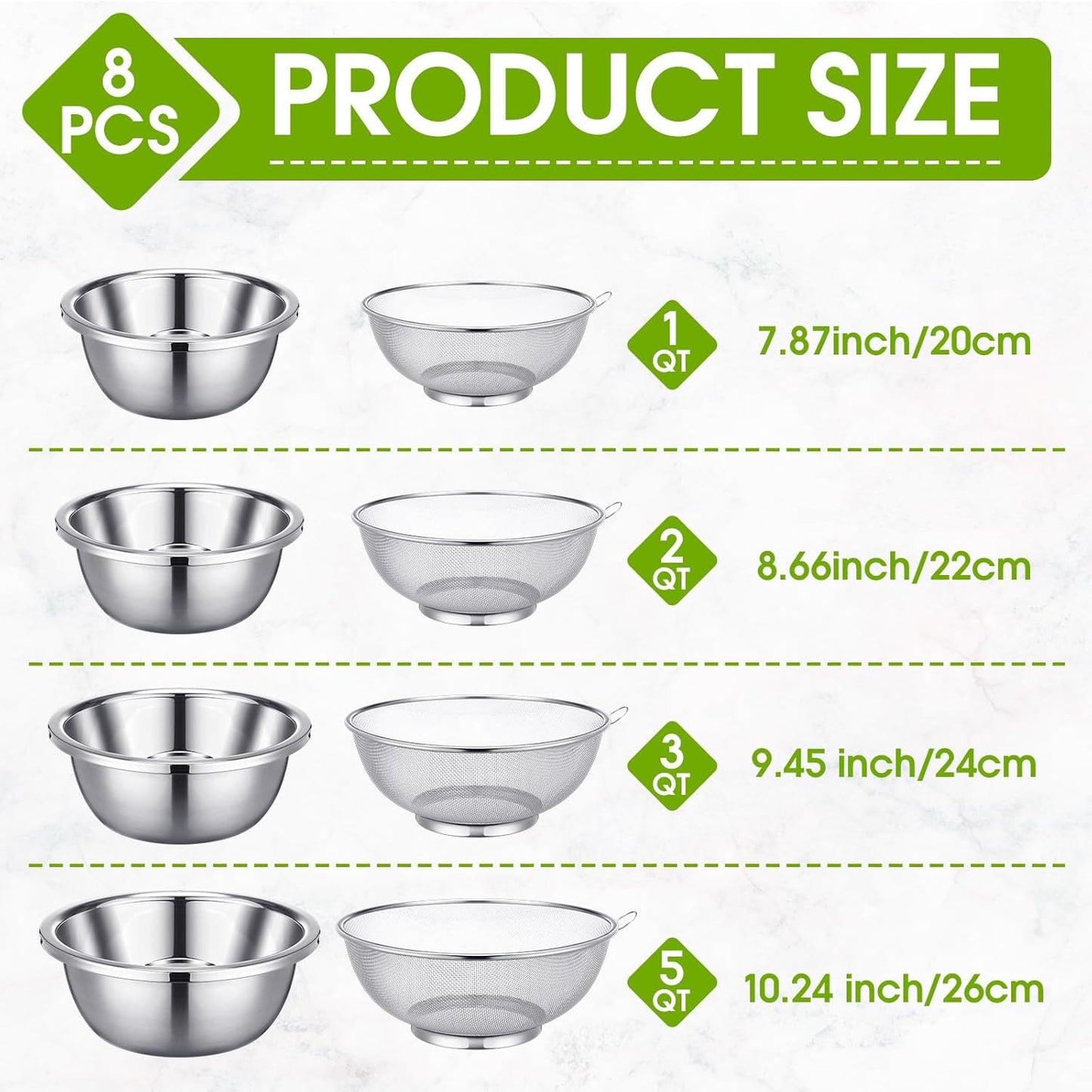 8 Pcs Stainless Steel Microporous Colander Set with 1.2qt 2qt 3qt 5qt Capacity Strainer with Metal Mixing Bowls, Fruit Cleaning Bowl with Strainer for Draining Pasta Vegetables Meat Kitchen