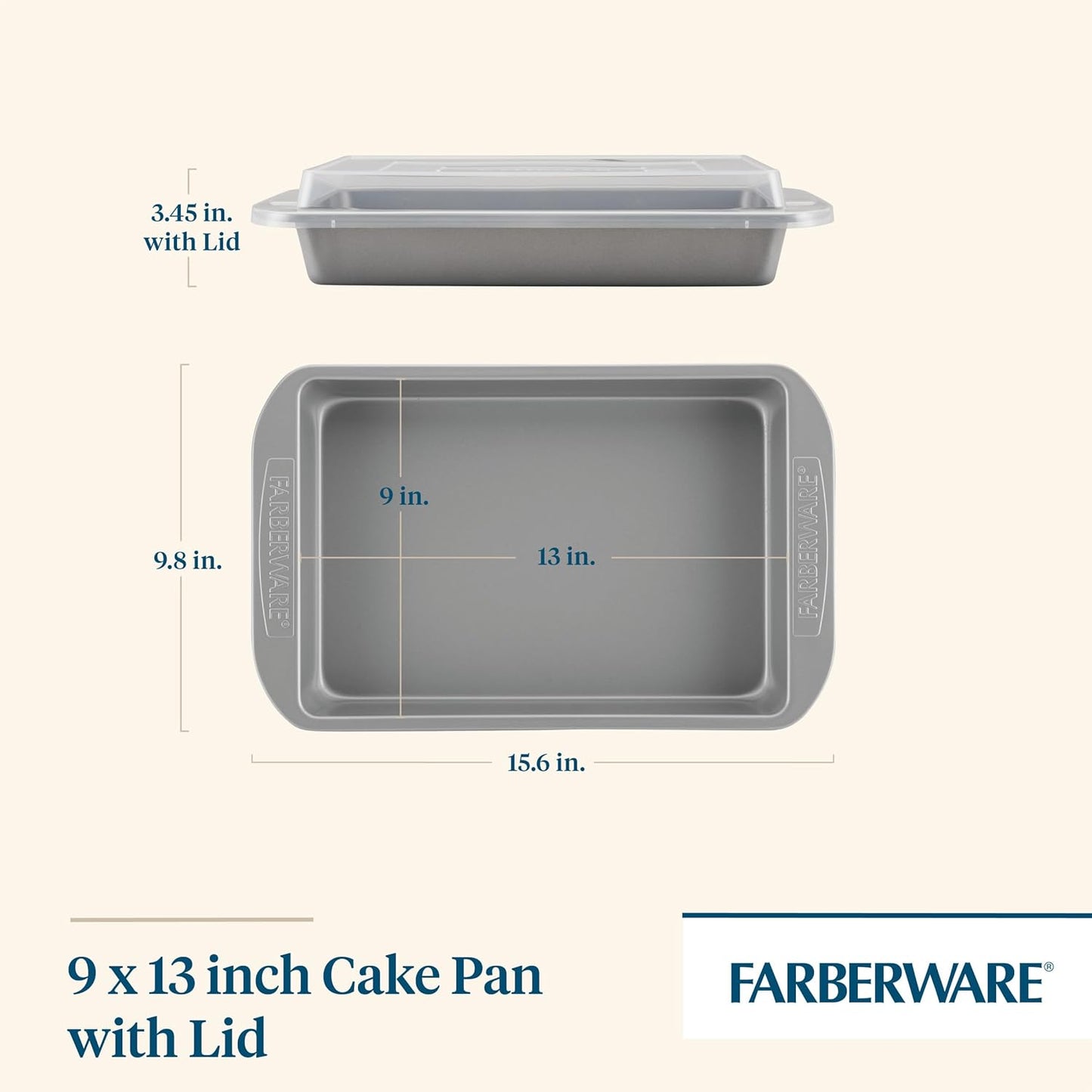 Farberware Nonstick Bakeware Baking Pan With Lid / Nonstick Cake Pan With Lid, Rectangle - 9 Inch x 13 Inch, Gray