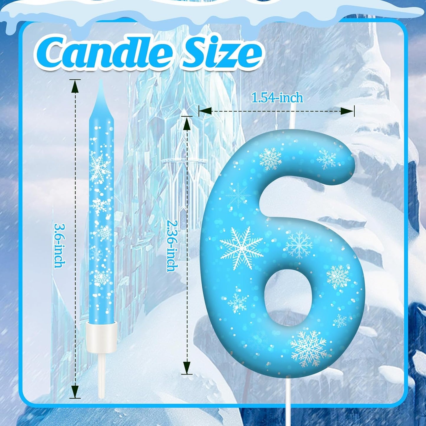 13PCS White and Blue Frozen Themed Party Birthday Candles Set - Blue Number Candles Snowflake Themed Decorations, Girls Party Supplies(Number 6)