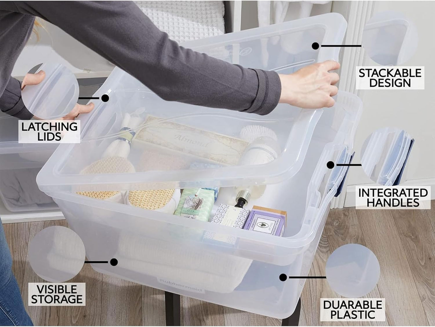 Rubbermaid Cleverstore 74 Qt Clear Storage Bins with Lids and Nesting Tray, 4-Pack, Stackable, BPA-Free, Made in USA