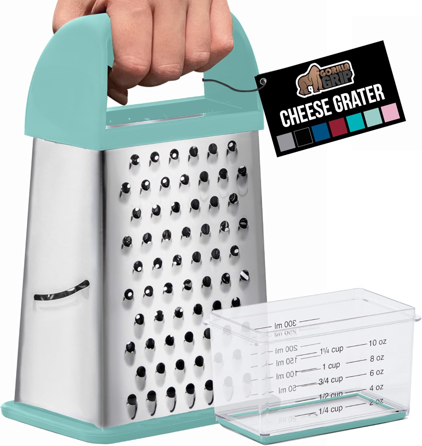 GORILLA GRIP 4-Sided 100% BPA-Free Cheese Grater With Container, Stainless Steel XL Box Graters, Parmesan Shredder, Grate Cheeses, Shred Veggies, Slip Resistant Handle, Dishwasher Safe Zester, Mint