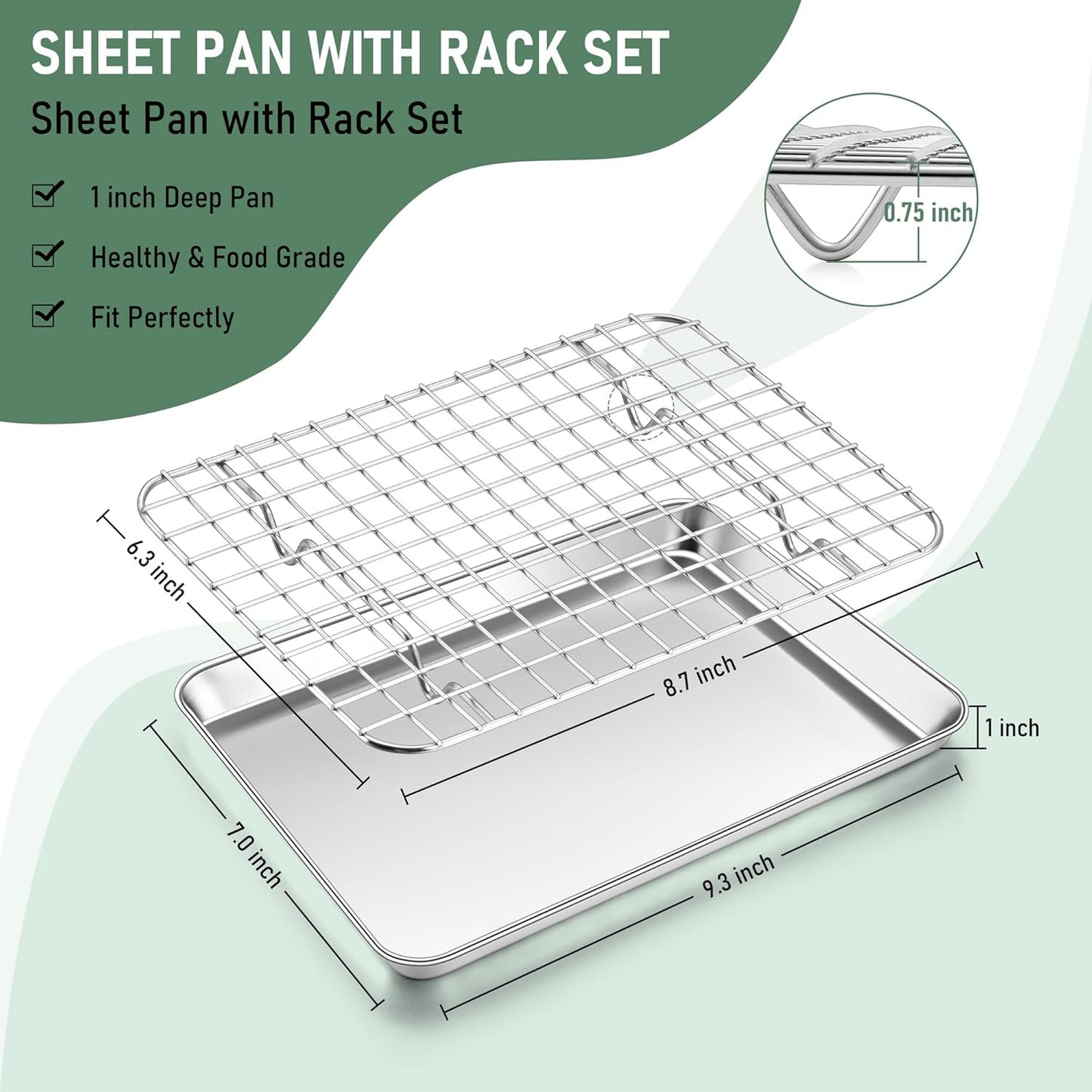 Toaster Oven Pan with Rack Set (2 Small Baking Sheets+2 Grill Racks), 9 x 7 Inch Stainless Steel Small Cookie Sheets Bacon Tray with Grid Cooling Racks for Baking Roasting Grilling, Dishwasher Safe