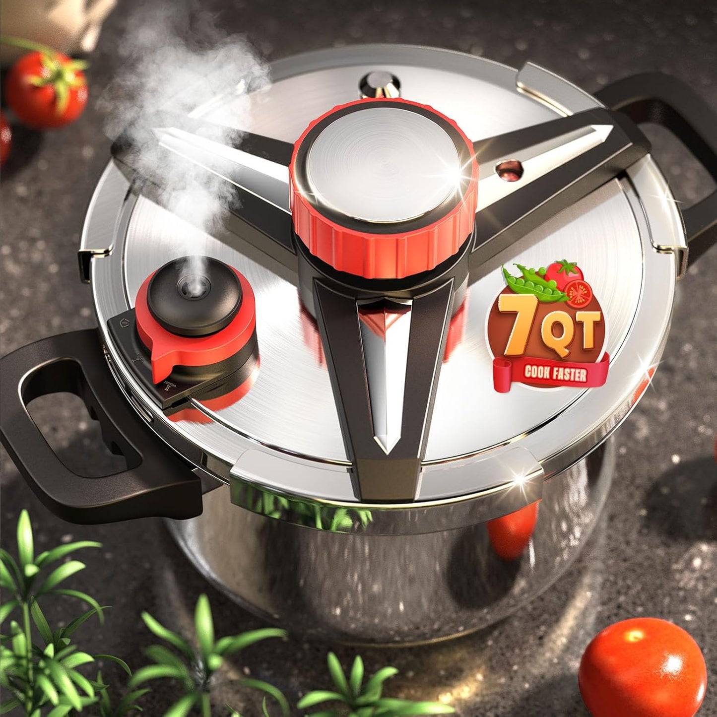 18/8 Stainless Steel Pressure Cooker 7 QT, [Save 70% Cooking Time] Olla De Presion with Food-Grade Body [One Hand Operation] Rotating Lock/Unlocking Lid System, Steam Rack Included