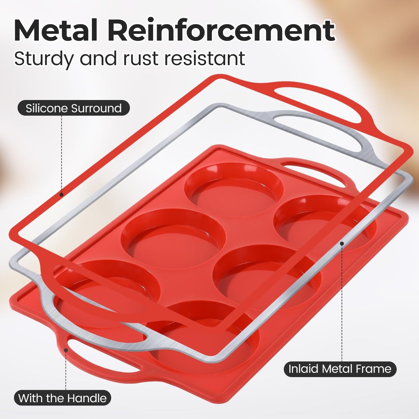 CAKETIME Muffin Top Pan Non Stick, 4 Inch Metal Frame Round Silicone Egg Baking Pan for Oven English Muffins, Whoopie Pies, Corn Bread, Egg Bites, Breakfast Sandwiches Tarts 3 Pack Red