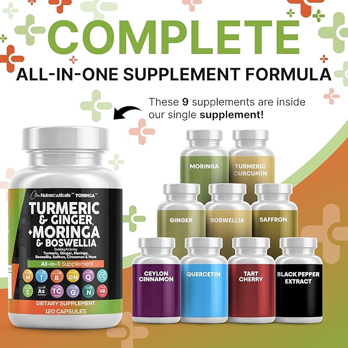 Turmeric Moringa Supplement | Ginger Boswellia Saffron - Supplement for Women and Men with Ceylon Cinnamon, Tart Cherry, Quercetin Garlic Nettle Holy Basil - 2Pack