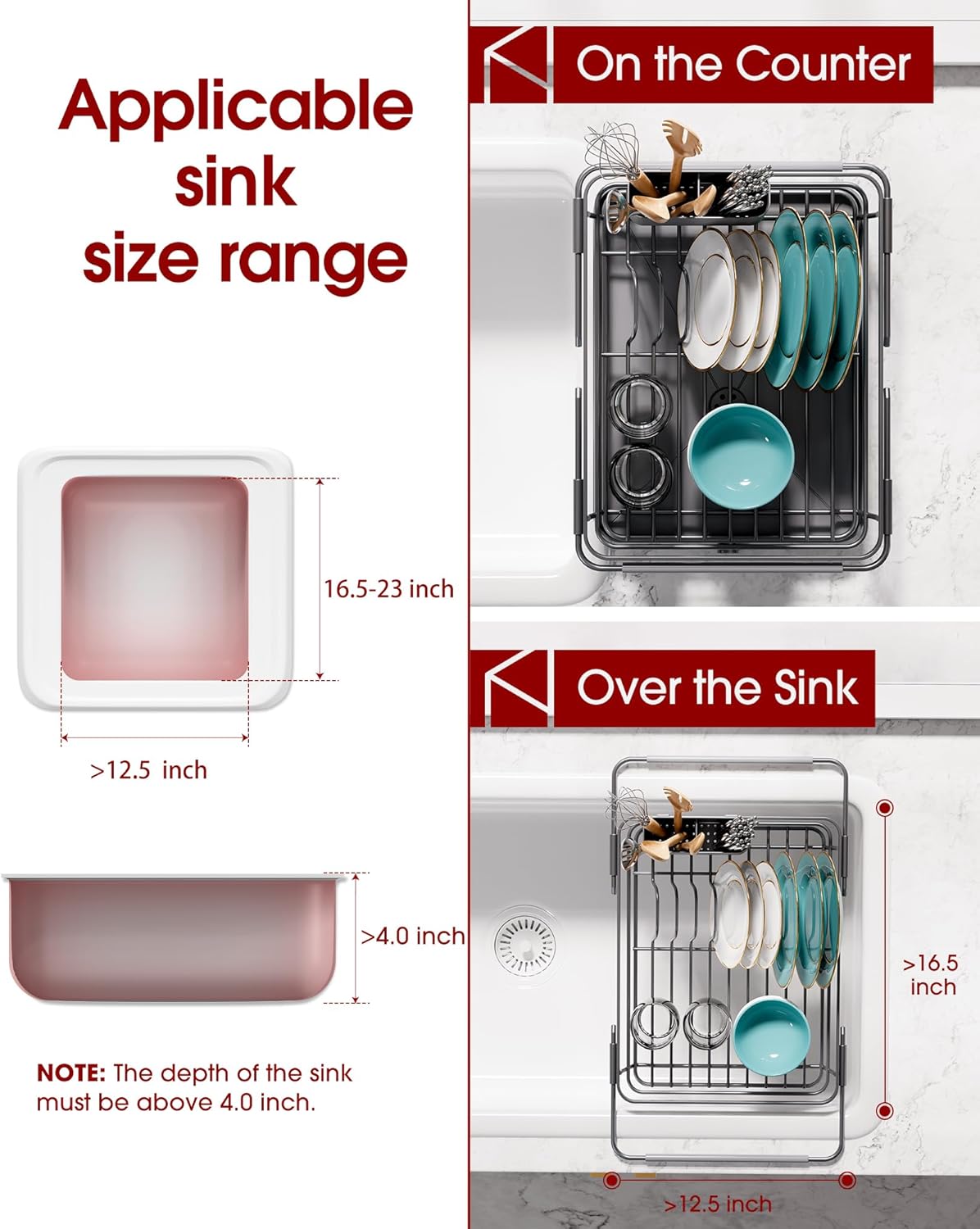Over Sink Dish Drying Rack with Drain Board, Stainless Steel 2 in 1 Sink Organization and Storage, Dish Drainer for Kitchen Counter, Home and Apartment Essentials, 12" W x 16.1~23" L, Silver