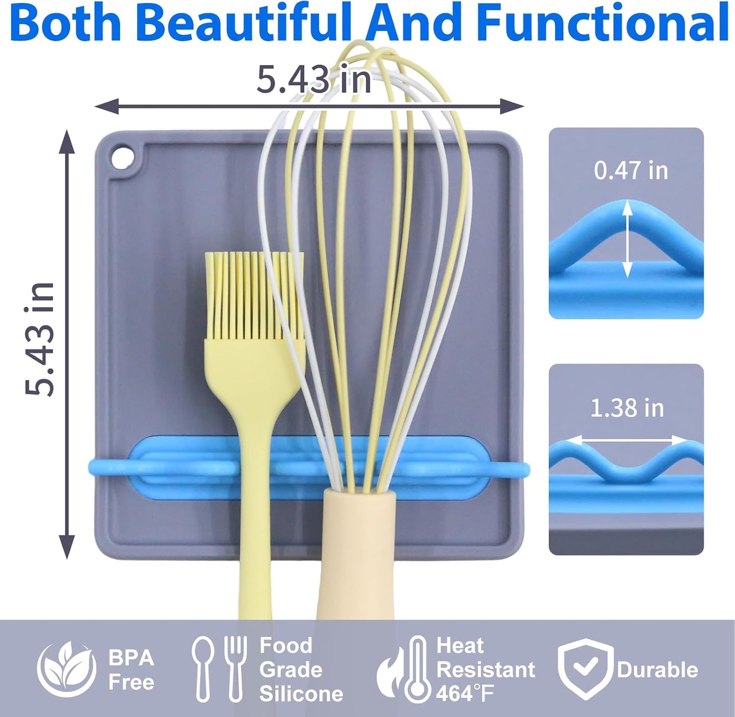 Silicone Spoon Rest for Stove Top, Non-Slip and Heat-Resistant, BPA-Free Kitchen Spoon Rest for Spoons and Ladles, Gray + Blue