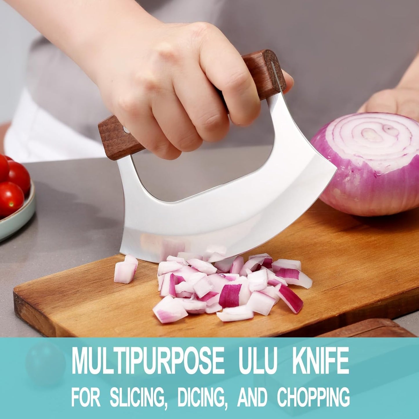 Ulu Knife - Sharp Rocker Mezzaluna Knife with Stand for Cutter Pizza, Meat, Vegetables, Herbs, Salad