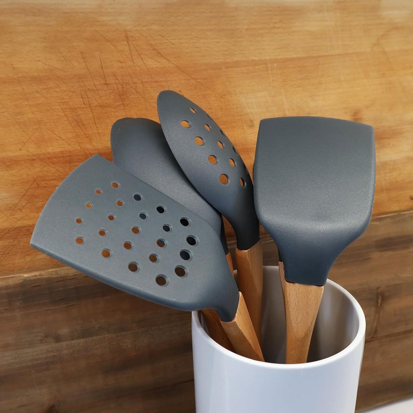 Beille Grey Nylon Ladle with Soft Grip Ergonomic Wooden Handle Kitchen Utensils, 13 Inch