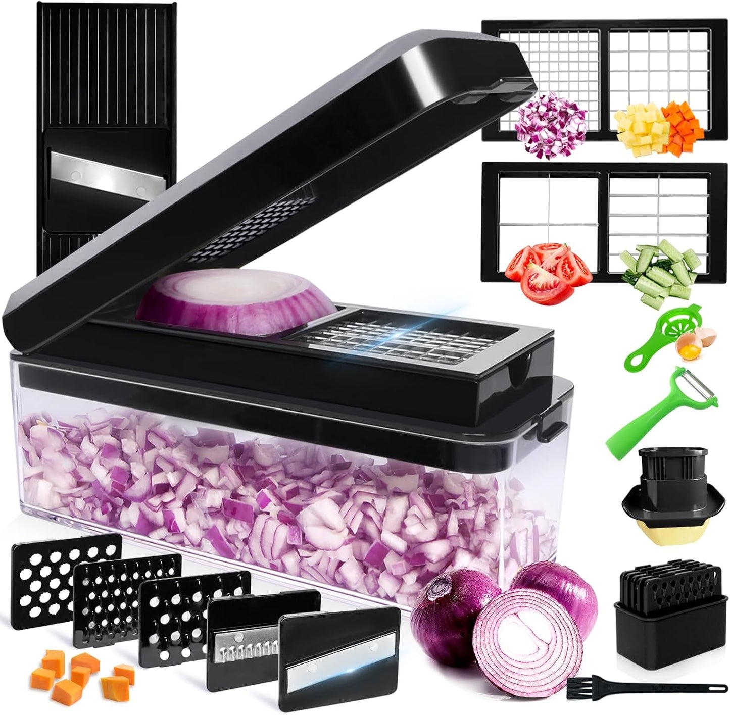 Vegetable Chopper, Onion Chopper Dicer, Mandoline Slicer, Food Chopper with Container, Vegetable Cutter for Salad Potato Carrot Garlic（9 Blades, Black）