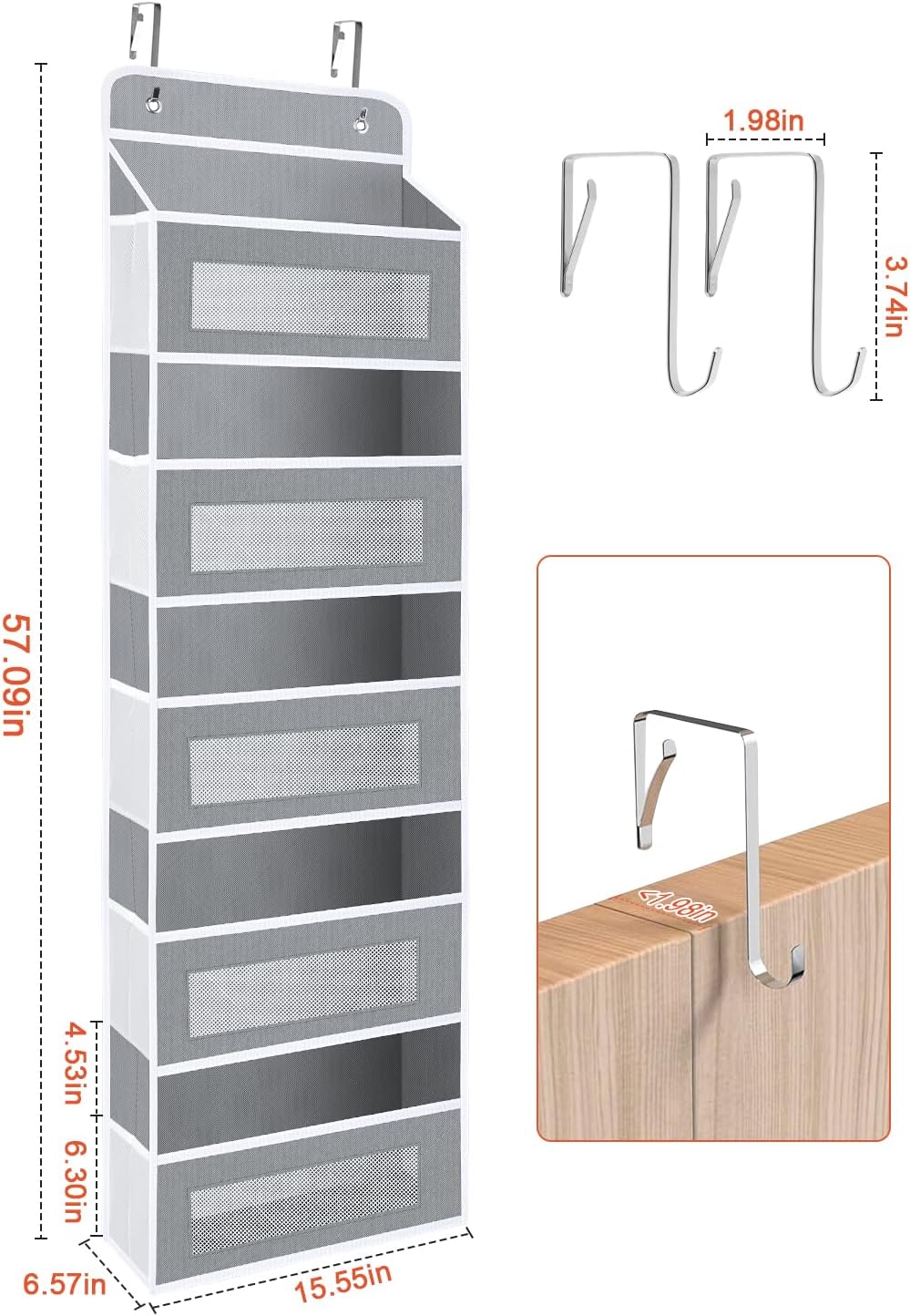 Over The Door Organizer Storage, 5 Shelf Hanging Door Organizer with 10 Large Capacity Pockets, Anti Tilt 44 lb Load Behind Door Storage for Bedroom, Bathroom, Pantry, Nursery, (Grey)