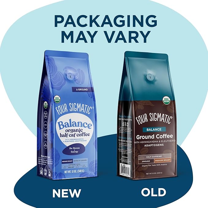 Four Sigmatic Organic Balance Adaptogen Ground Coffee | Medium Roast USDA Organic Coffee with Ashwagandha, Chaga Mushroom, Eleuthero and Tulsi for Focus and Energy Boosting | 12oz Bag