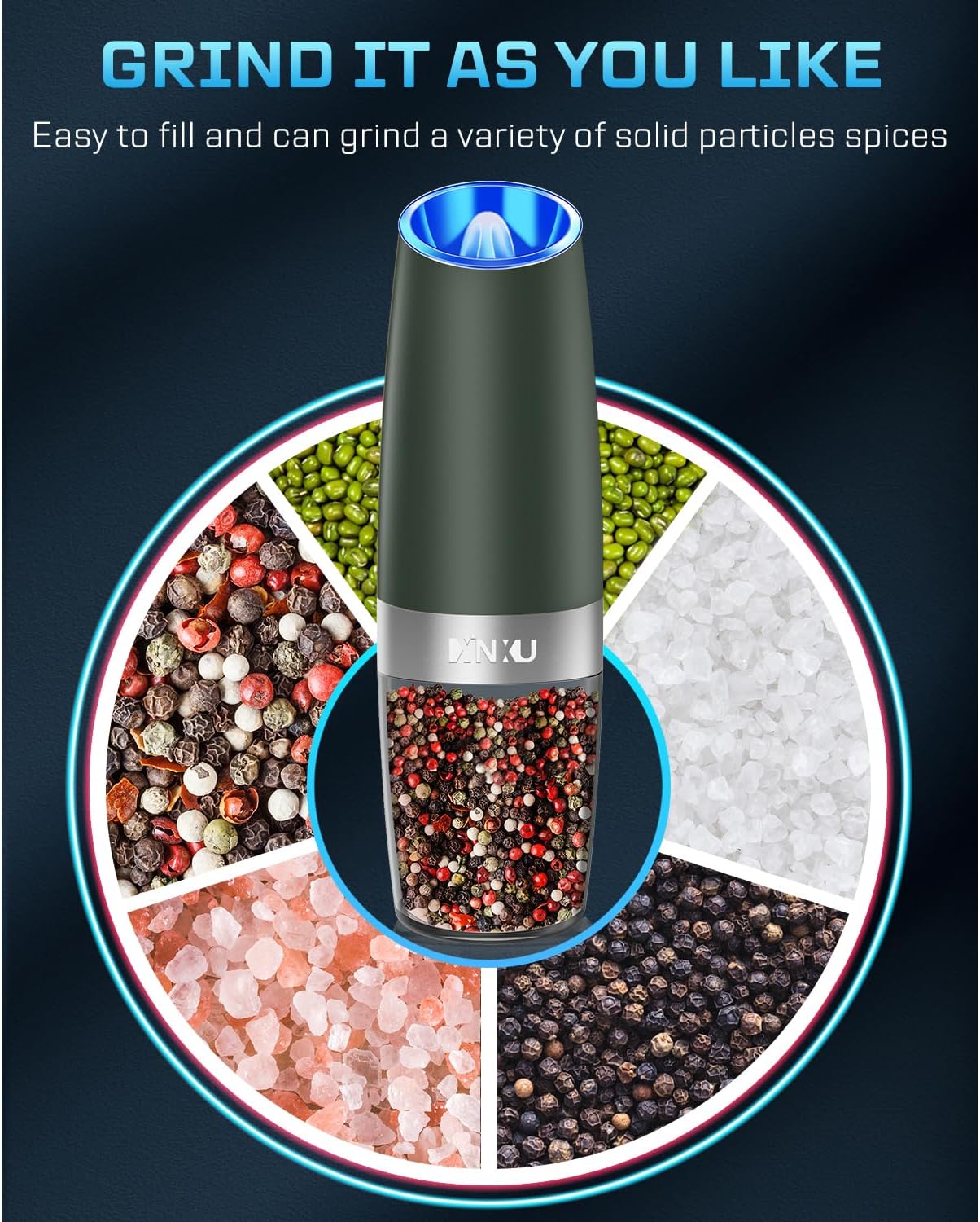 XinXu Gravity Electric Pepper and Salt Grinder Set, Automatic Mill Grinder Shaker,Battery-Operated, Adjustable Coarseness, Stainless Steel, LED Light, One Hand Operated,Dark Green