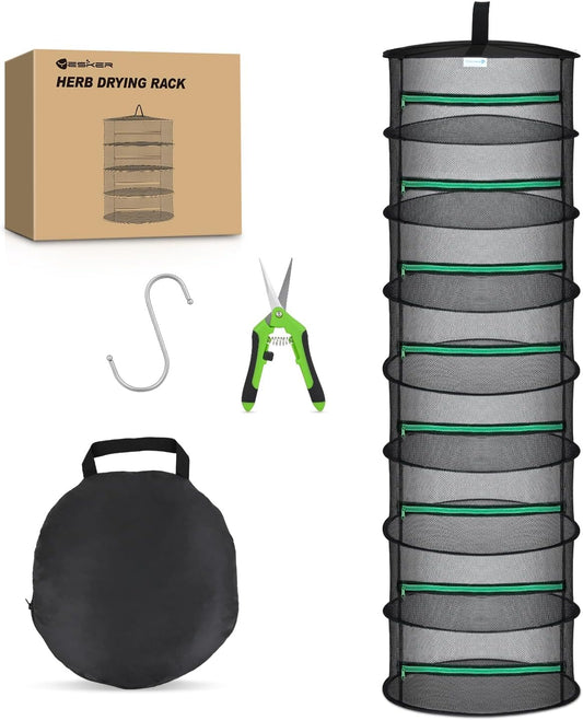 Yesker 8 Layer Herb Drying Rack Hanging Mesh Net Foldable Plant Drying Racks 24" w Green Zipper Pruning Shears Hook Dryer Hanging Rack for Herbs Seed Bud Fruit Clothes Grow Tent Closets Garden Outdoor