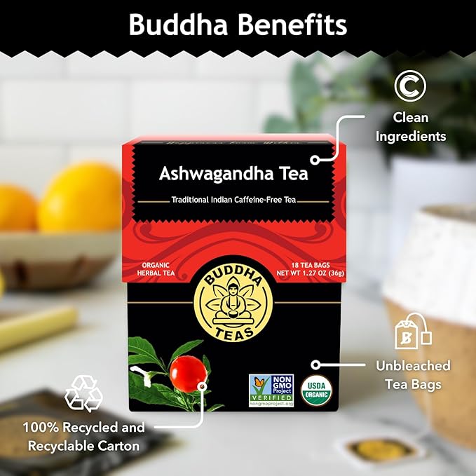 Buddha Teas - Ashwagandha Root Tea - Herbal Tea - Promote Cleansing & Wellness - With Antioxidants & Minerals - Clean Ingredients - Caffeine Free - OU Kosher - 18 Tea Bags (Pack of 1)