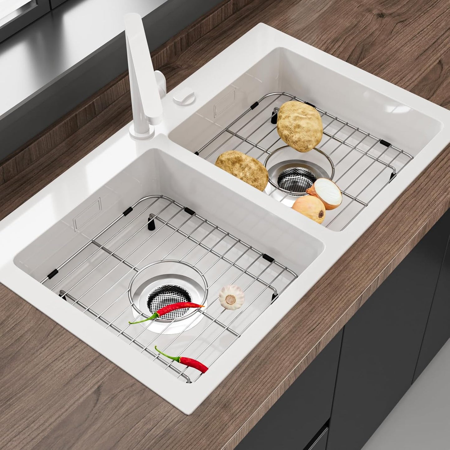 2Pack Sink Protectors for Kitchen Sink, 13’’x11-5/8’’ Stainless Steel Sink Protector with Center Drain, Rust Resistant Sink Grate for Bottom of Kitchen Sink with 2Pack Sink Drain Strainer