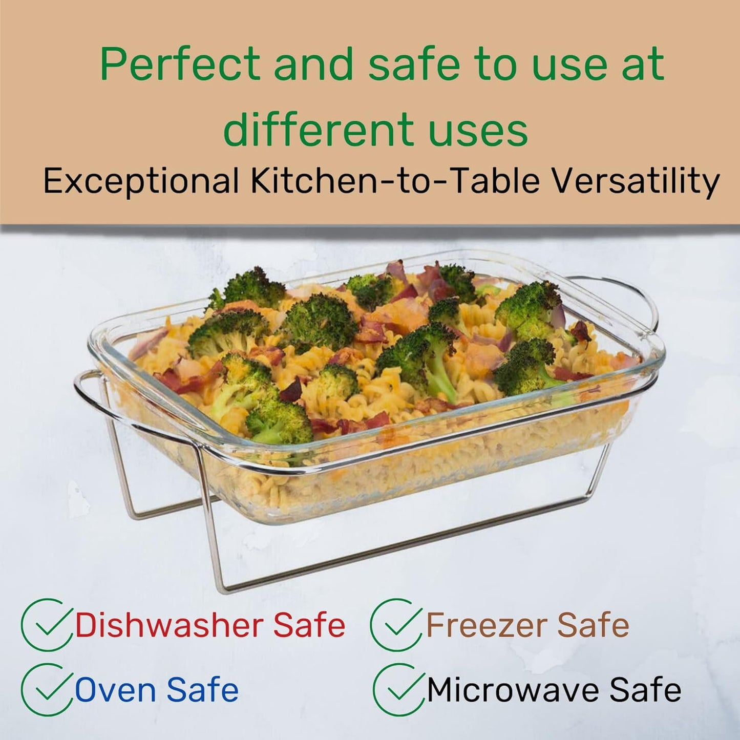 Moss & Stone Glass casserole Dish Made by Borosilicate Glass, 10 X 6.5 Inch Durable Bakeware Dish Oven Safe & Microwave Safe, Clear Glass Rectangular Baking Pan (1 Pcs & Stand)