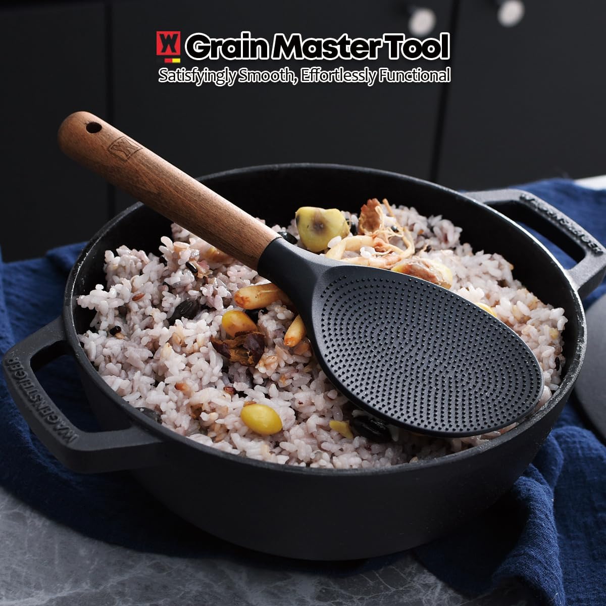 Silicone Rice Paddle with Wooden Handles: Non-Stick Rice Spoon, Mashed Potato Serving Spoon, Heat Resistant Cookware, Protects Surfaces with Gentle Head Design