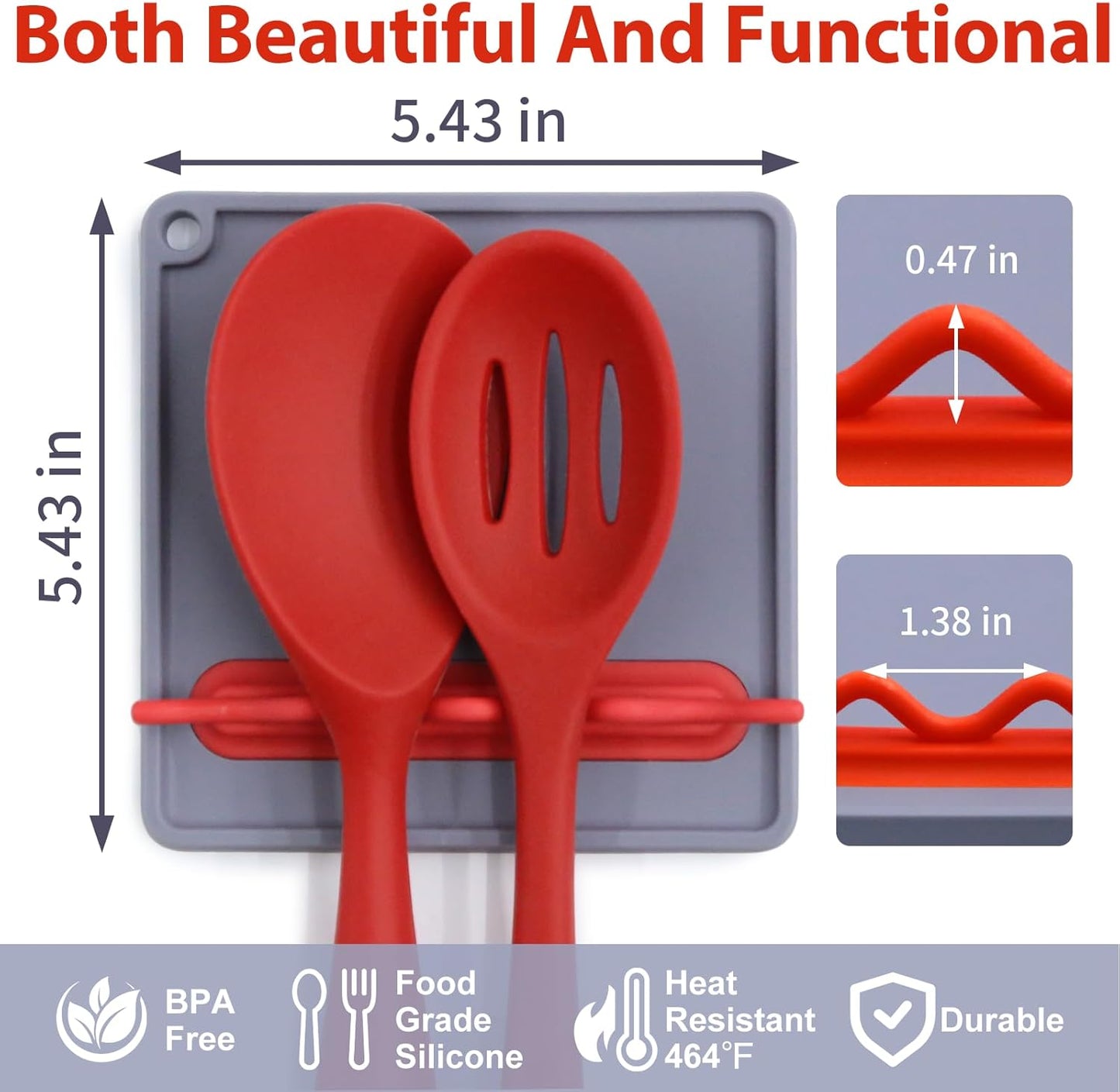 Silicone Spoon Rest for Stove Top, Non-Slip and Heat-Resistant, BPA-Free Kitchen Spoon Rest for Spoons and Ladles, Gray + Red