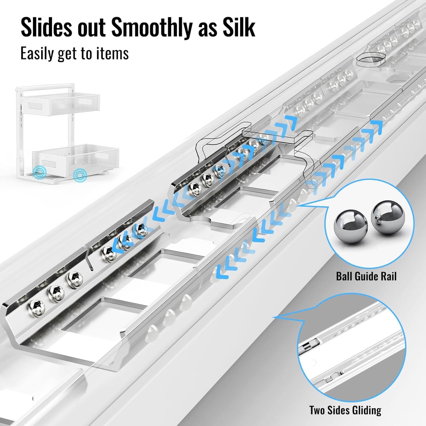 Full Metal Under Sink Organizer 2-Tier, Pull Out Cabinet Organizers and Storage, Silk-Smooth Sliding Drawer for Kitchen, Bathroom, Pantry, Cabinet, Closet (White, 2 Pack)