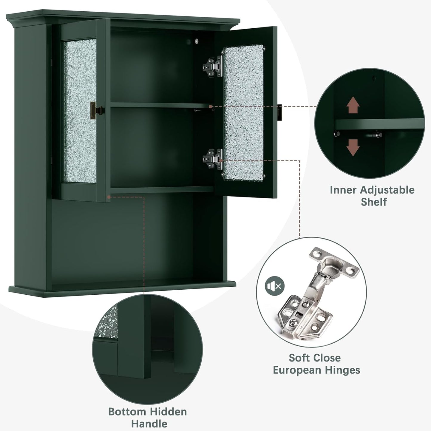 Bathroom Cabinet Wall Mount, Medicine Cabinet Over Toilet Storage Cabinet with Glass Door Build-in Spirit Level Cupboard Hanging Storage for Bathroom Laundry Kitchen Living Room (Forest Green)