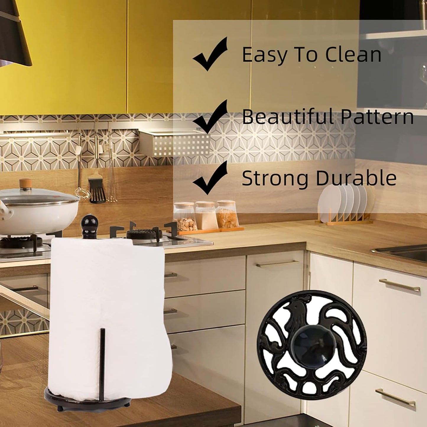 Vintage Paper Towel Holder - Cast Iron Kitchen Countertop Decor, Easy Tear, Coffee Gold