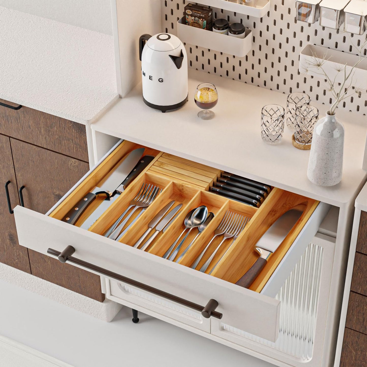 Silverware Organizer with Removable Knife Block - Bamboo Utensil Organizer for Kitchen Drawers Expandable Cutlery Organizer W12.8-20.2" x L16 x H2 (Yellow)