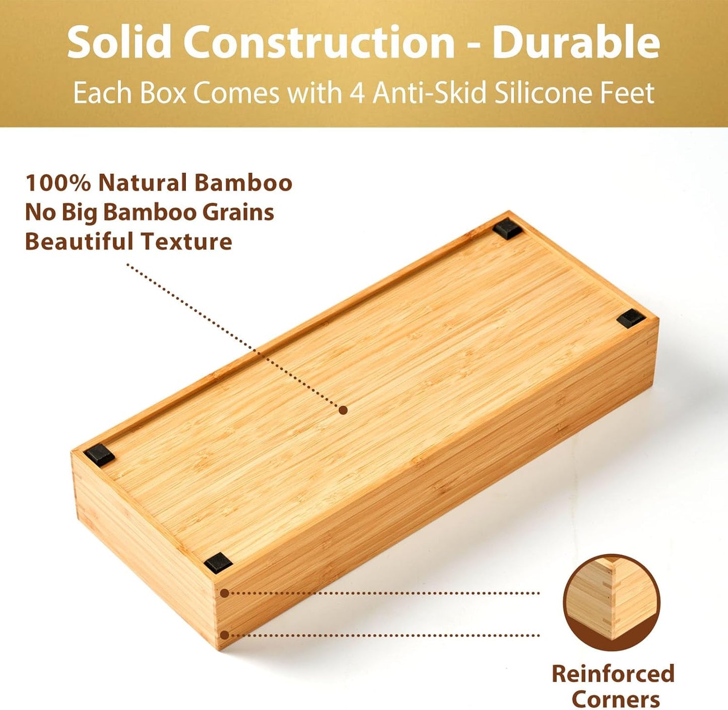 Umilife Bamboo Kitchen Utensils Organizer, Extra High Silverware Drawer Tray, Flatware Cutlery Storage Box, Multi-Use Holder in Office, Bathroom, Pantry - 15"x6"x2.5" (Set of 2)