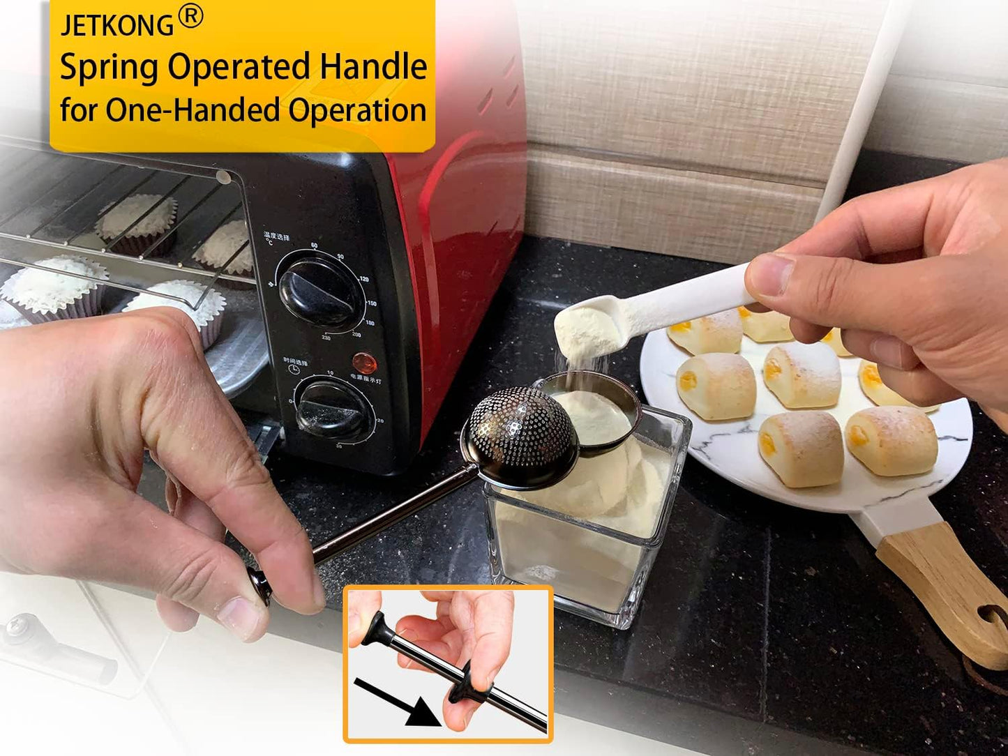 JETKONG Powdered Sugar Shaker Duster Flour Dispenser Shaker with 18/8 Stainless Steel Spring-operated Handle for Sugar Flour and Spices (Black)