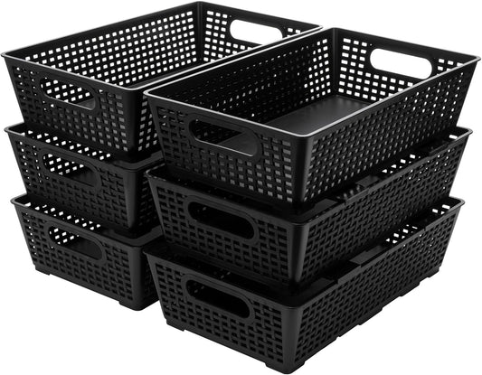 Stackable Woven Plastic Basket, Storage Bins for Cabinet, Closet, Shelf, Under Sink and Countertop, Pantry Organizer Bins, 6 Pack