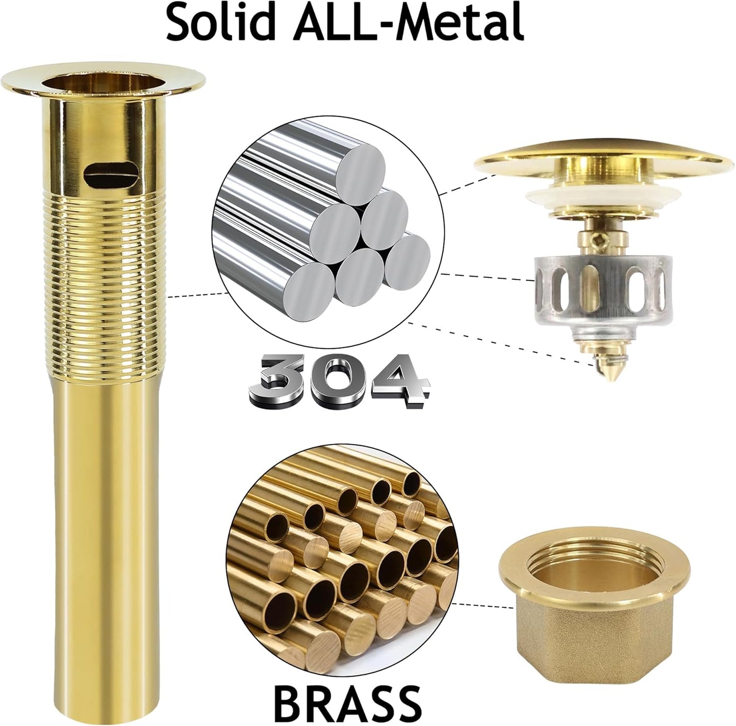 Bathroom Sink Drain, Gold Drain Stopper Bathroom Sink with Overflow,Pop Up Drain Assembly with Detachable Strainer Basket,Built-in Anti-Clogging Strainer,Stainless Steel Gold