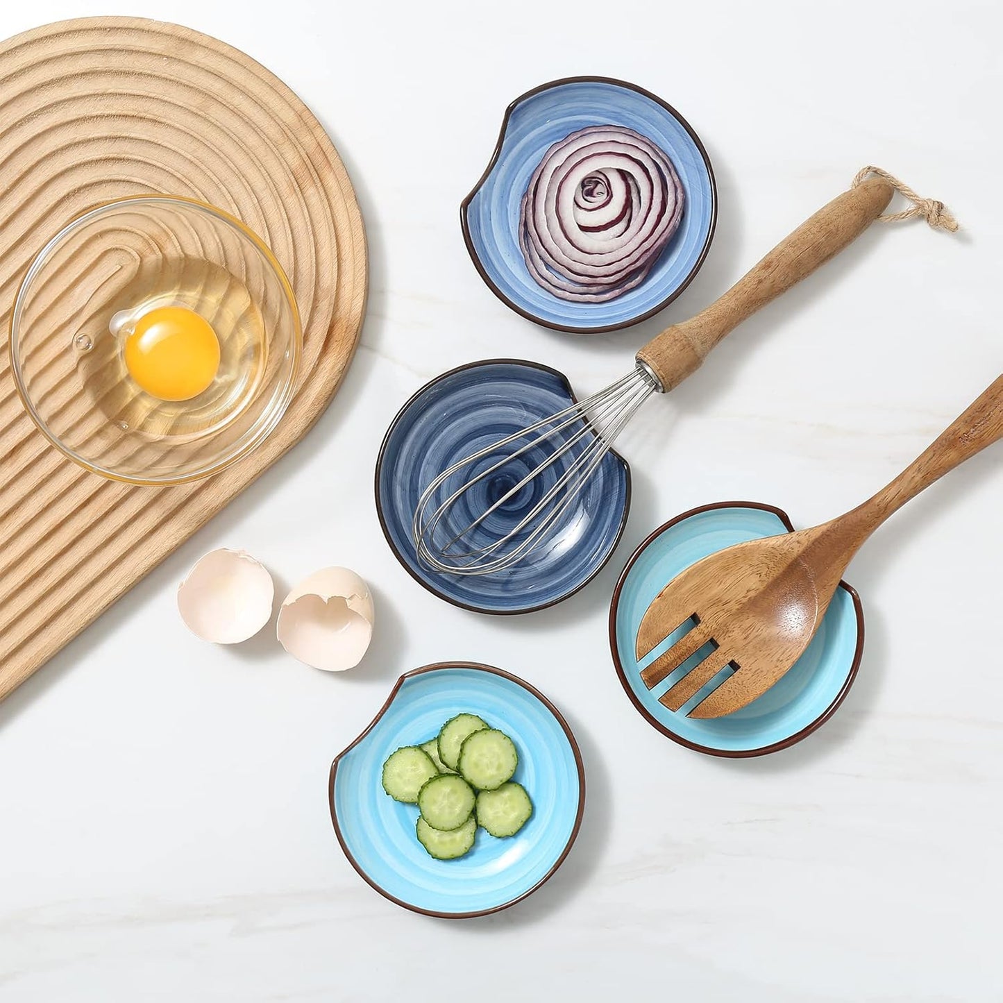 Selamica Ceramic Spoon Rest for Stove Top, 4.6 Inch Cooking Spoon Holder for Kitchen Counter, Stackable Utensil Rest Holder for Spatula, Ladles, Tong, Coffee Spoon, Set of 4, Gradient Blue