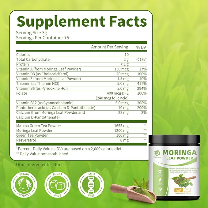 Organic Moringa Powder & Matcha Powder, Multi-Green Superfoods with Green Tea Resveratrol - Energy and Digestive Support, Rich in Antioxidants and Vitamin A D3 E B6 B12 Calcium, Non-GMO, Vegan, 16 oz