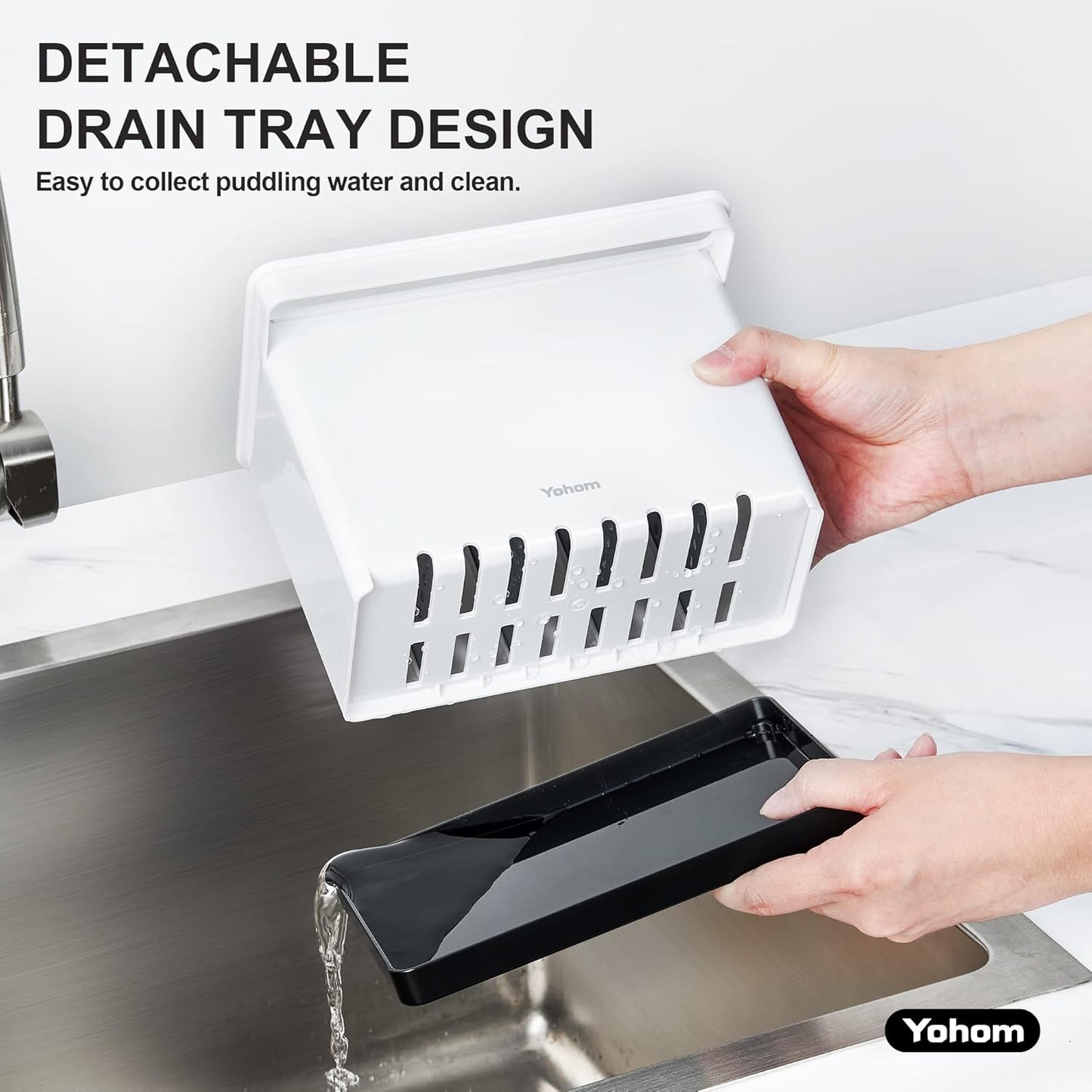 YOHOM Kitchen Sponge Brush Holder for Sink Black Dish Sponge Caddy Countertop Organizer Plastic Scrub Brush Holder with Dividers